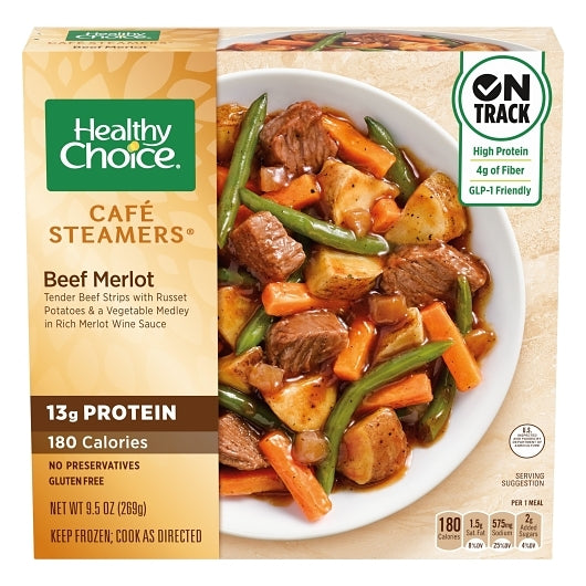 "Healthy Choice Gluten Free Café Steamers Beef Merlot – A savory, gluten-free meal featuring tender beef, rich merlot sauce, and wholesome vegetables. Ideal for a GLP-1 diet, this meal is high in protein, low in carbs, and steam-cooked to preserve flavor and nutrients. Supports weight management, blood sugar stability, and satiety, offering a convenient, restaurant-quality option for health-conscious individuals