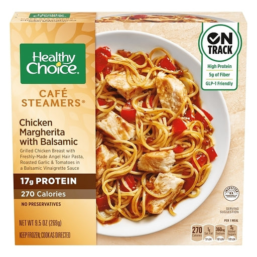 Healthy Choice Café Steamers Chicken Margherita with Balsamic – A delicious, balanced meal featuring tender chicken, fresh tomatoes, basil, and whole grain pasta, topped with a rich balsamic glaze. Perfect for a quick, healthy lunch or dinner. GLP-1 high protein low carb diet