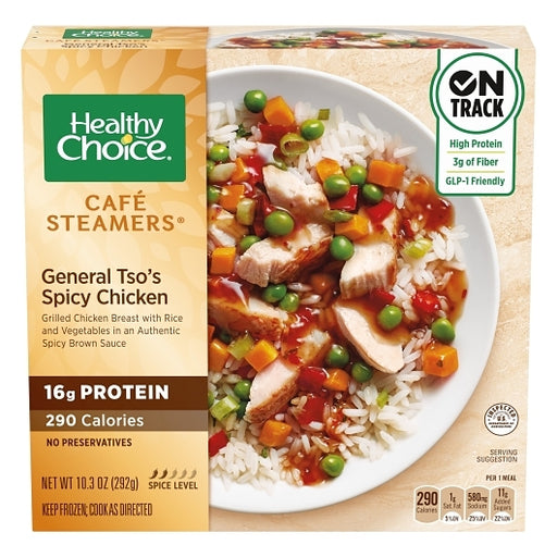 Healthy Choice Café Steamers General Tso’s Spicy Chicken – A flavorful, protein-packed meal with tender chicken, spicy General Tso’s sauce, and whole grain rice, offering a satisfying blend of sweet and spicy flavors. Ideal for a quick, healthy, and delicious lunch or dinner GLP-1 high protein low carb diet