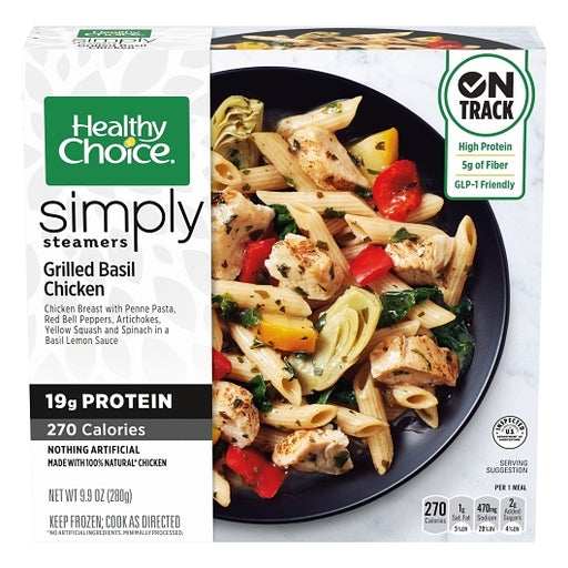 "Healthy Choice Simply Steamers Grilled Basil Chicken – A delicious, protein-packed meal with grilled chicken, basil, and vegetables, perfect for a GLP-1 diet. Low in carbs, high in protein, and steam-cooked to lock in nutrients, this meal supports weight management, blood sugar control, and satiety while providing a convenient, healthy option for busy lifestyles