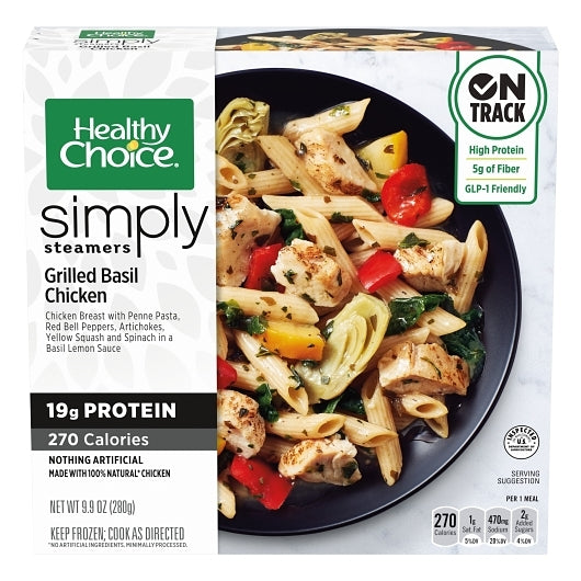 "Healthy Choice Simply Steamers Grilled Basil Chicken – A delicious, protein-packed meal with grilled chicken, basil, and vegetables, perfect for a GLP-1 diet. Low in carbs, high in protein, and steam-cooked to lock in nutrients, this meal supports weight management, blood sugar control, and satiety while providing a convenient, healthy option for busy lifestyles