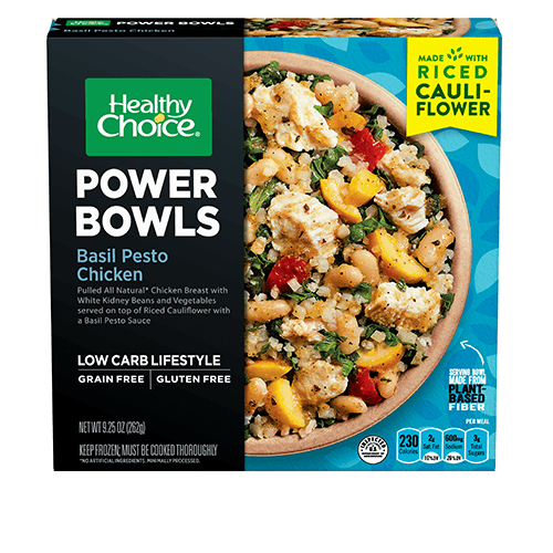 Healthy Choice Power Bowls Grain-Free Basil Pesto Chicken with grilled chicken, vegetables, and a rich basil pesto sauce GLP-1 diet support high protein