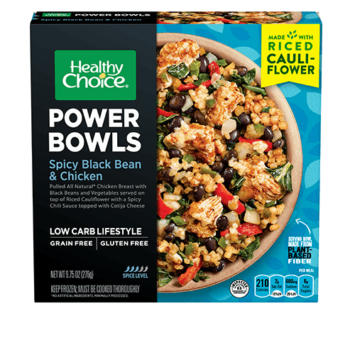 Healthy Choice Power Bowls Grain-Free Spicy Black Bean Chicken with grilled chicken, black beans, and vegetables in a zesty, spicy sauce GLP-1 diet support high protein